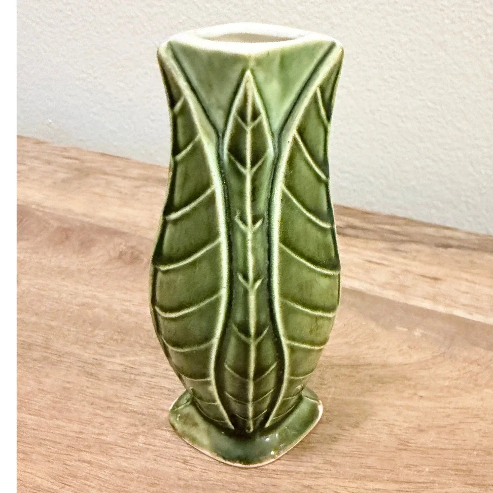 Vintage Bud Vase Green Leaf Motif Ceramic Small 4in